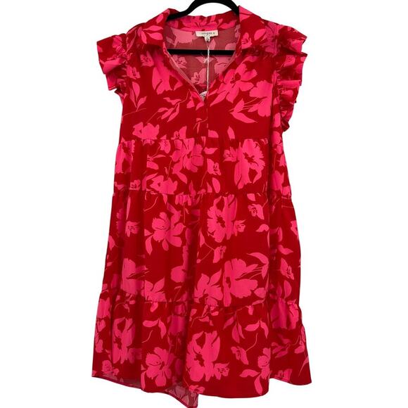 Umgee Dresses & Skirts - Umgee + Pink and Red Floral Ruffle Collar Tiered NWT Size XL